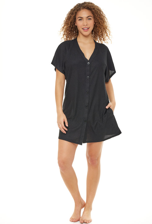 BUTTON FRONT DRESS WITH POCKETS - WAFFLE
